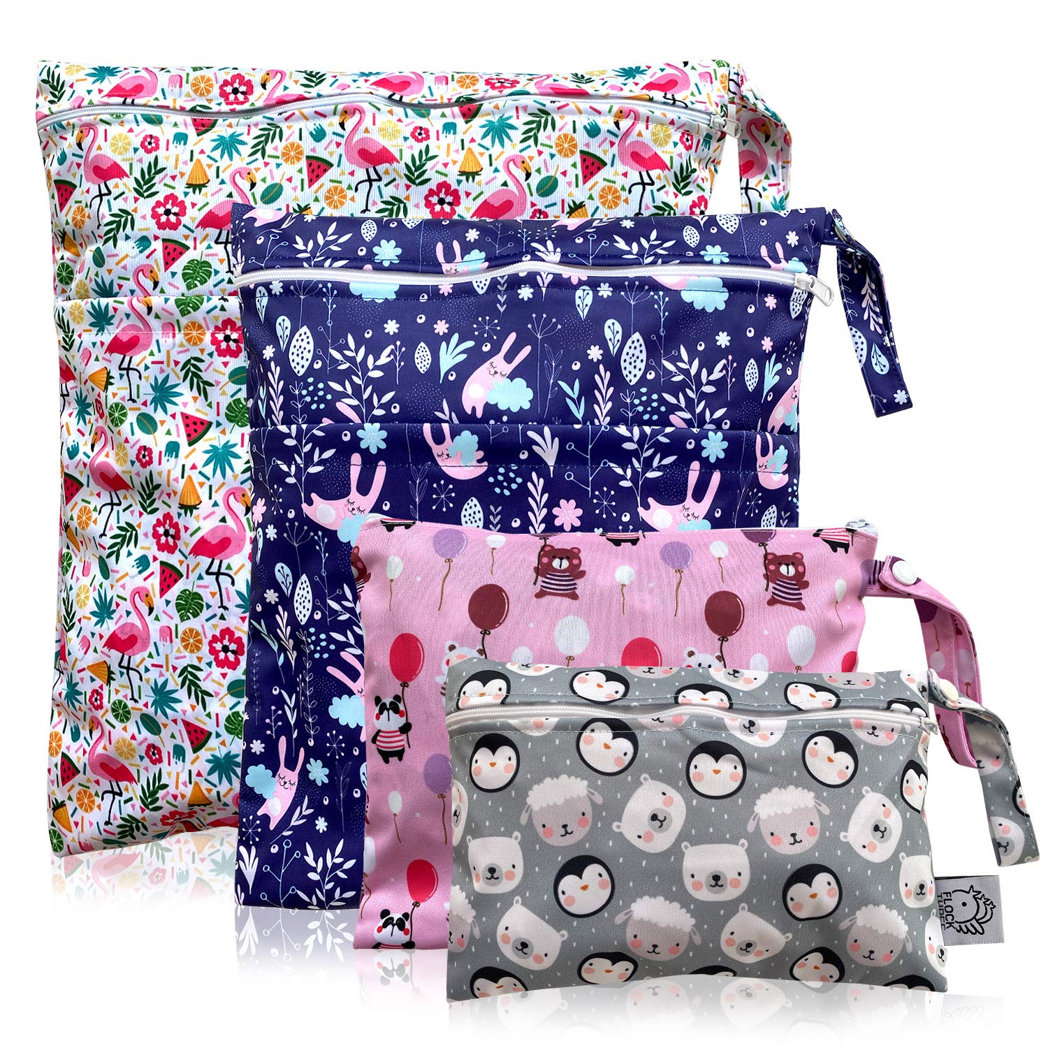 Flock Three 4pack Waterproof and Reusable Wet Dry Bag For Baby Diaper Stroller Water Resistant Swimsuit Travel Toiletries Yoga Gym with Windy Days Patterned in Small/Medium/Large