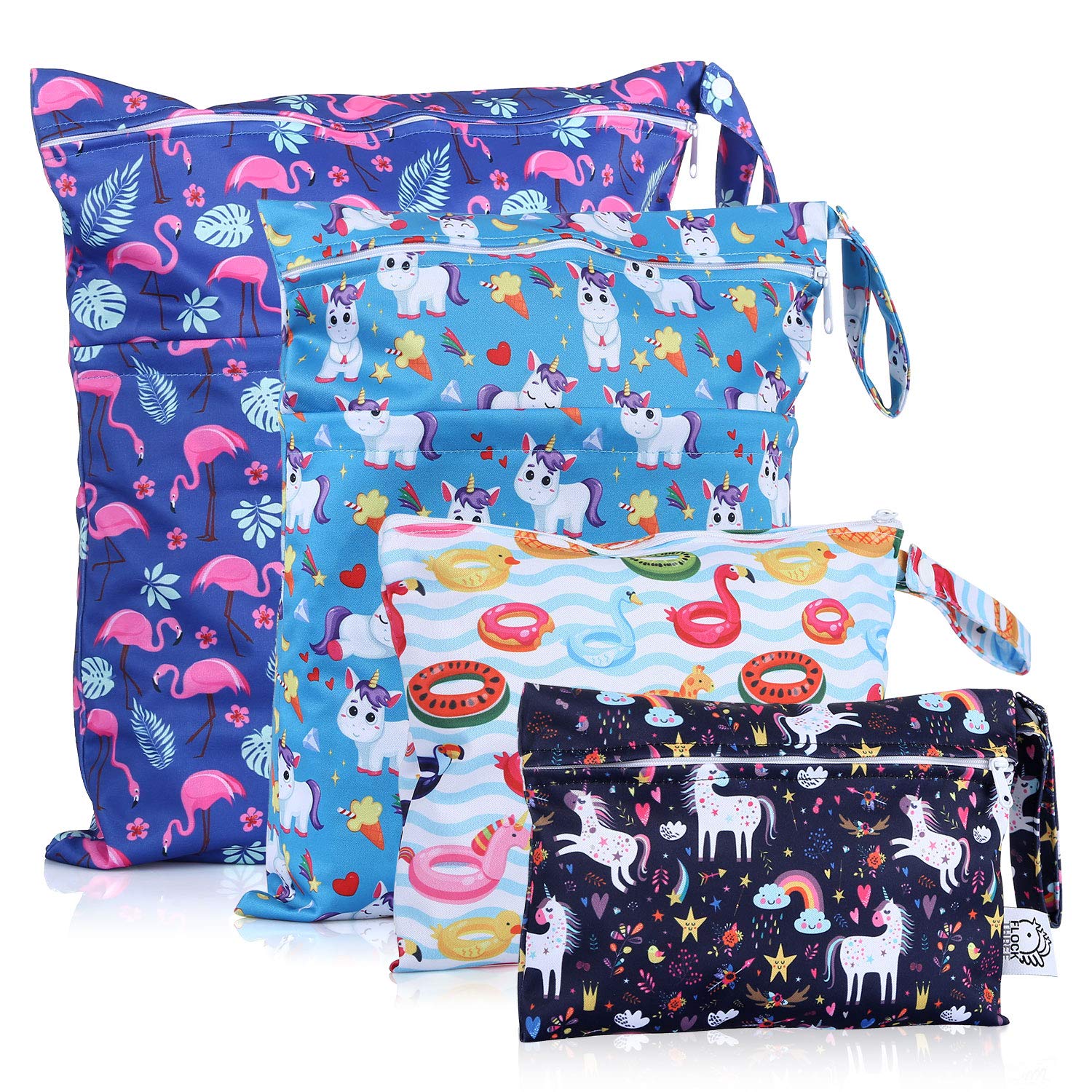 Flock Three 4pack Waterproof and Reusable Wet Dry Bag For Baby Diaper Stroller Water Resistant Swimsuit Travel Toiletries Yoga Gym with Flamingo Patterned in Small/Medium/Large